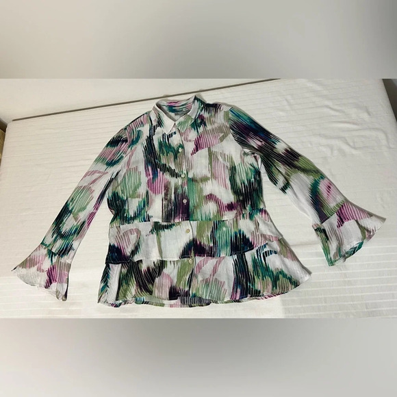Habitat Clothes to Live In Watercolor Tiered Ruffled Bell Sleeve Blouse XS - Picture 10 of 11